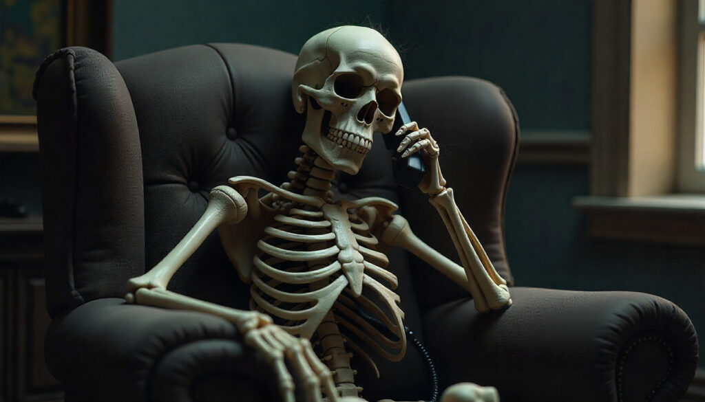 Skeleton in armchair on wait, holding phone to ear